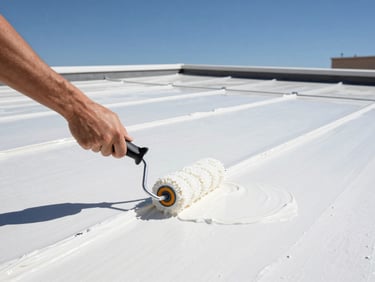 Hands applying thick white high-solids silicone coating to a flat roof substrate with a roller, intense sun, sharp details