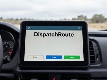 A close-up of a tablet displaying the DispatchRoute driver app on a dashboard in a delivery van, natural overcast light.