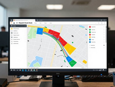 High-contrast screenshot of DispatchRoute dispatcher dashboard showing a map with colored delivery zones and optimized routes, multiple monitors in a modern, well-lit office environment.