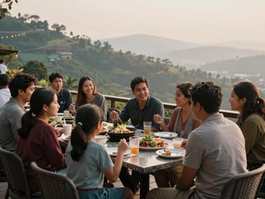 Wide environmental shot, a mixed family group seated at an outdoor restaurant table at a hill station, food arriving, children and adults mid-conversation, soft golden afternoon light, candid and unposed
