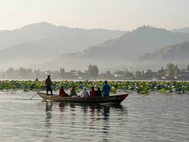 Wide environmental shot of Dal Lake Kashmir, a shikara boat with a family aboard moving through lotus-lined water, morning light, mist on the mountains behind, no posed smiles