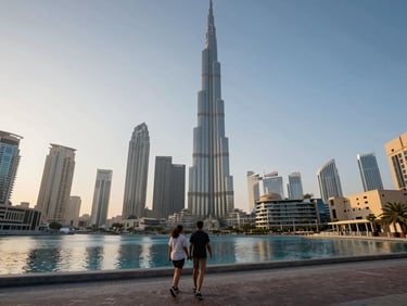 Wide shot of Dubai skyline from a riverside promenade, a couple walking toward the Burj Khalifa in the background, late afternoon light, environmental frame showing scale of the city