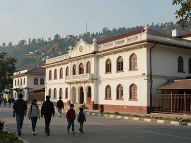 Wide shot of Mall Road Shimla, a family group walking past colonial-era buildings in afternoon light, hills visible in background, natural daylight, environmentally wide frame