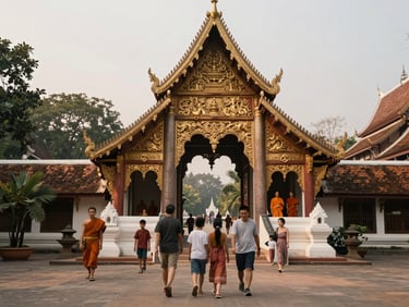 Wide shot of a Thai temple courtyard in Chiang Mai, a family group walking through the entrance gate in soft morning light, monks in background, environmental wide frame