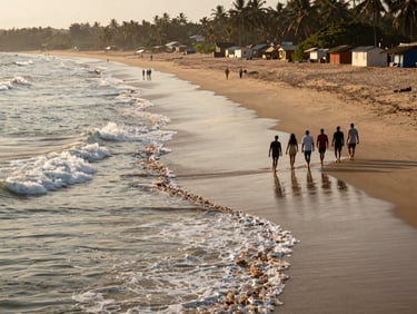 Wide beach scene at Baga Goa, a group of friends walking along the shoreline at golden hour, waves to the left, beach shacks visible in background, natural warm light, no posed shot