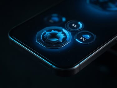 Extreme macro shot of a premium dark titanium Android phone screen displaying sharp electric blue haptic widgets, moody low-key studio lighting, neon edge reflections on glass