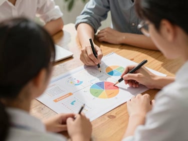 Over-the-shoulder view of school administrators analyzing a colorful strategic chart on a wooden table, warm natural daylight, soft focus, 35mm lens
