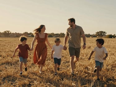 A modern family running through a sun-drenched meadow, kids laughing, warm golden light, authentic unposed interaction, cinematic 35mm style.