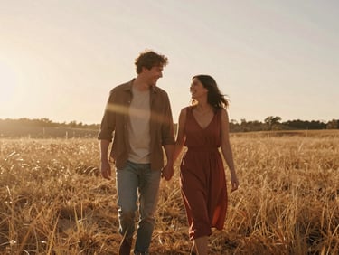 Candid cinematic shot of a couple walking through a sun-drenched golden-hour meadow, laughing, soft lens flare, warm terracotta tones, 35mm film aesthetic