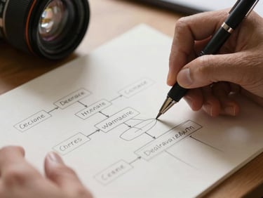 Close-up of hands sketching a clear, structured flow chart on textured paper, warm desk lighting, focus on the pen tip.