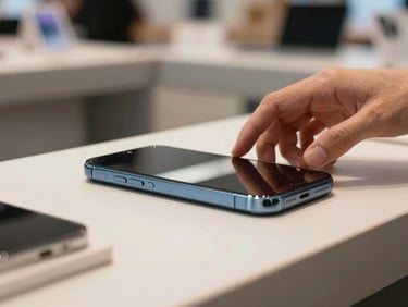 Close-up of a smartphone resting on a clean store counter, soft directional daylight from the side, hands partially visible reaching for the device, Chilean retail interior background