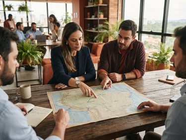 Professional editorial photography of a modern business meeting in Manaus, hands pointing at a commercial route map on a wooden table, warm terracotta accents, natural daylight