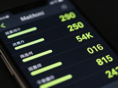 Extreme close-up of a sleek mobile interface displaying real-time creator matching metrics, glowing neon lime accents, deep obsidian background.