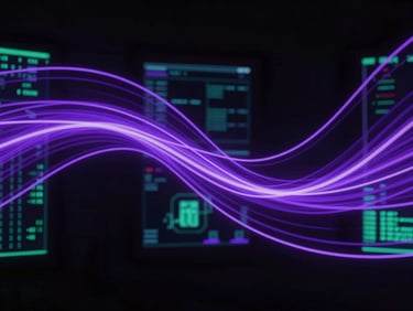 Abstract neon violet light trails representing data flow and intuition, dark background, high-contrast, modern tech-mysticism, 35mm.