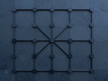 Abstract structural dependency map, interconnected nodes, deep blue tones, symmetrical composition, top-down view.