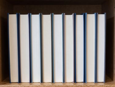 A row of perfect-bound books standing upright on a wooden shelf, showing clean spines and textured paper covers under cool gallery lighting.