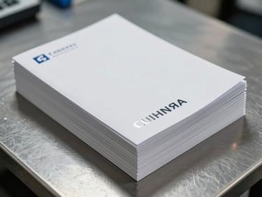 A neat stack of perfect-bound corporate brochures on a steel table, highlighting sharp foil-stamped lettering and crisp edge alignment.