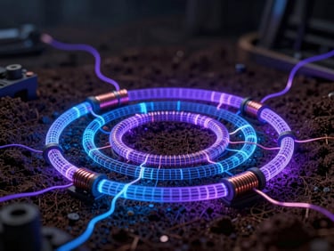 Technical diagram of subterranean current loops, wireframe overlays, electric blue and violet neon backlighting, dark-mode cyber-industrial photography, 35mm