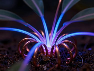 High-purity copper spirals anchored at plant base, glowing blue and purple, macro close-up, dramatic low-key lighting, 35mm