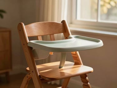 Warm editorial photography of a beautifully maintained premium wooden high chair in a sunlit room, soft golden-hour window light, rich terracotta and sage tones, shallow depth of field, 35mm