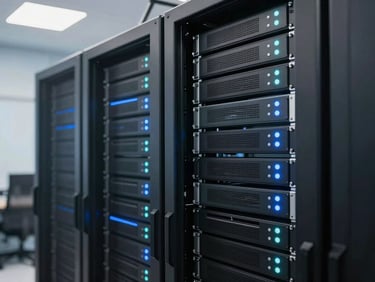 Clean modern server rack with soft blue and teal LED indicators in a secure Canadian data facility, professional corporate photography