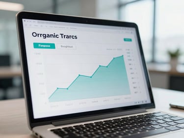 Close-up of a laptop screen showing clean organic traffic growth charts and SEO keyword metrics, cool daylight with subtle teal accents