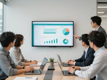 A professional collaborative meeting in a bright Vancouver office, team analyzing system performance data on a clean display wall