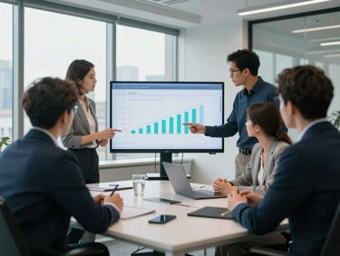 A professional collaborative meeting in a modern Toronto office space, cool daylight, team reviewing search metrics on a screen, 35mm