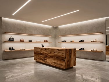 Interior de uma boutique minimalista de alto padrão, piso de concreto polido, iluminação linear embutida no teto criando linhas geométricas, bloco de exposição em madeira bruta.