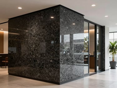 Detalhe aproximado da interseção de materiais em um lobby comercial, granito escuro texturizado encontrando aço inoxidável escovado de forma perfeitamente nivelada, luz lateral natural.