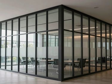Straight-on elevation of a modular glass and steel partition wall inside a modern corporate headquarters, crisp black frames, soft diffused daylight, architectural precision.