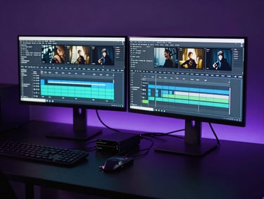 Wide shot of a dark editing workspace at night, dual monitors glowing with a cinematic sequence timeline, cables and hard drives visible on the desk, purple ambient light, no people