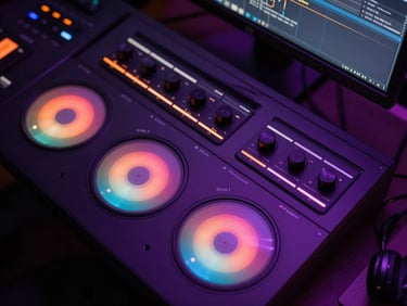 Overhead view of color grading wheels and scopes on a dark editing suite monitor, purple and orange hues on the panel, no people, cinematic studio ambiance, neon edge lighting