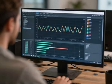 Over-the-shoulder shot of a clean network monitoring dashboard showing active traffic analysis, cool-toned lighting, professional workspace in Copenhagen.