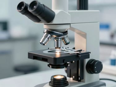 Close-up of a high-precision embryology microscope in a clean, modern laboratory, soft natural daylight, shallow depth of field, cool steel tones.