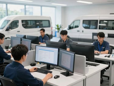 Active dispatch office with team members monitoring screens, clean and organized, bright indoor lighting, professional corporate tones