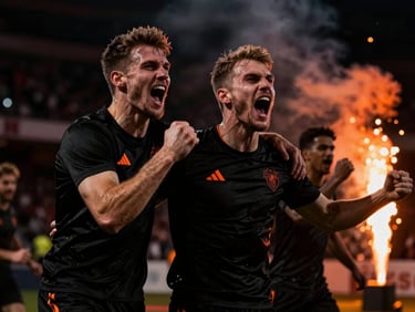 Athletes celebrating a victory in a dark stadium, high contrast lighting, raw emotion, orange smoke flare in background