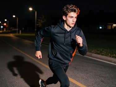 Heroic portrait of a young athletic runner in a dark hoodie looking intense, sharp shadows, street lights background, dramatic lighting