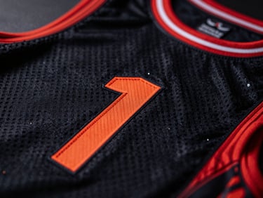Close-up of black and red basketball mesh jersey, macro shot of technical stitching under neon light