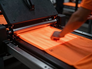 Behind the scenes of sports apparel manufacturing, glowing orange heat press, technical fabrics