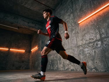 Low angle action shot of a soccer player in a black and red technical jersey running through concrete courts under dramatic neon lights, 35mm lens