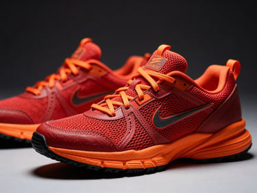 Close-up of limited edition athletic sneakers, vibrant red and orange accents, high contrast studio lighting
