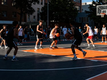 Crowded urban street basketball tournament at dusk, glowing court lines, high energy