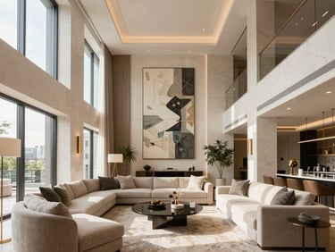 Architectural interior of a luxurious London penthouse living room, natural daylight, high ceilings, modern art, warm lighting, expansive windows.