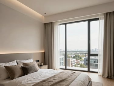 Architectural interior of a modern Fulham apartment bedroom, clean design, soft lighting, neutral palette, large window.