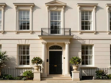 Architectural exterior of a classic Bristol residence facade, well-kept garden, natural light, traditional architecture, elegant entrance.