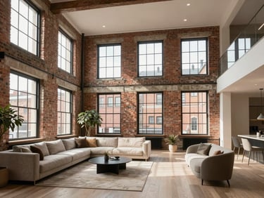Architectural interior of a spacious Manchester loft living area, exposed brick, large windows, contemporary furniture, high ceilings.