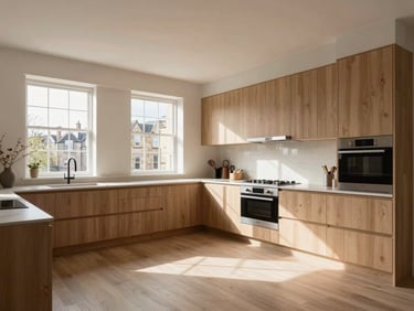 Architectural interior of a spacious Edinburgh townhouse kitchen, sleek appliances, natural light, warm wood accents, high-end finishes.
