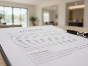 Close-up of a legal document with a pen, soft focus, natural light, warm neutral tones, no text legible.