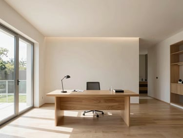 Architectural interior shot of a modern, clean home office, natural light, no clutter, high-end residential interior, no people.